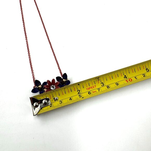 Vintage Red & Blue Floral Necklace With Rhinestone Centerpiece & Pink 14" Chain - Picture 8 of 9